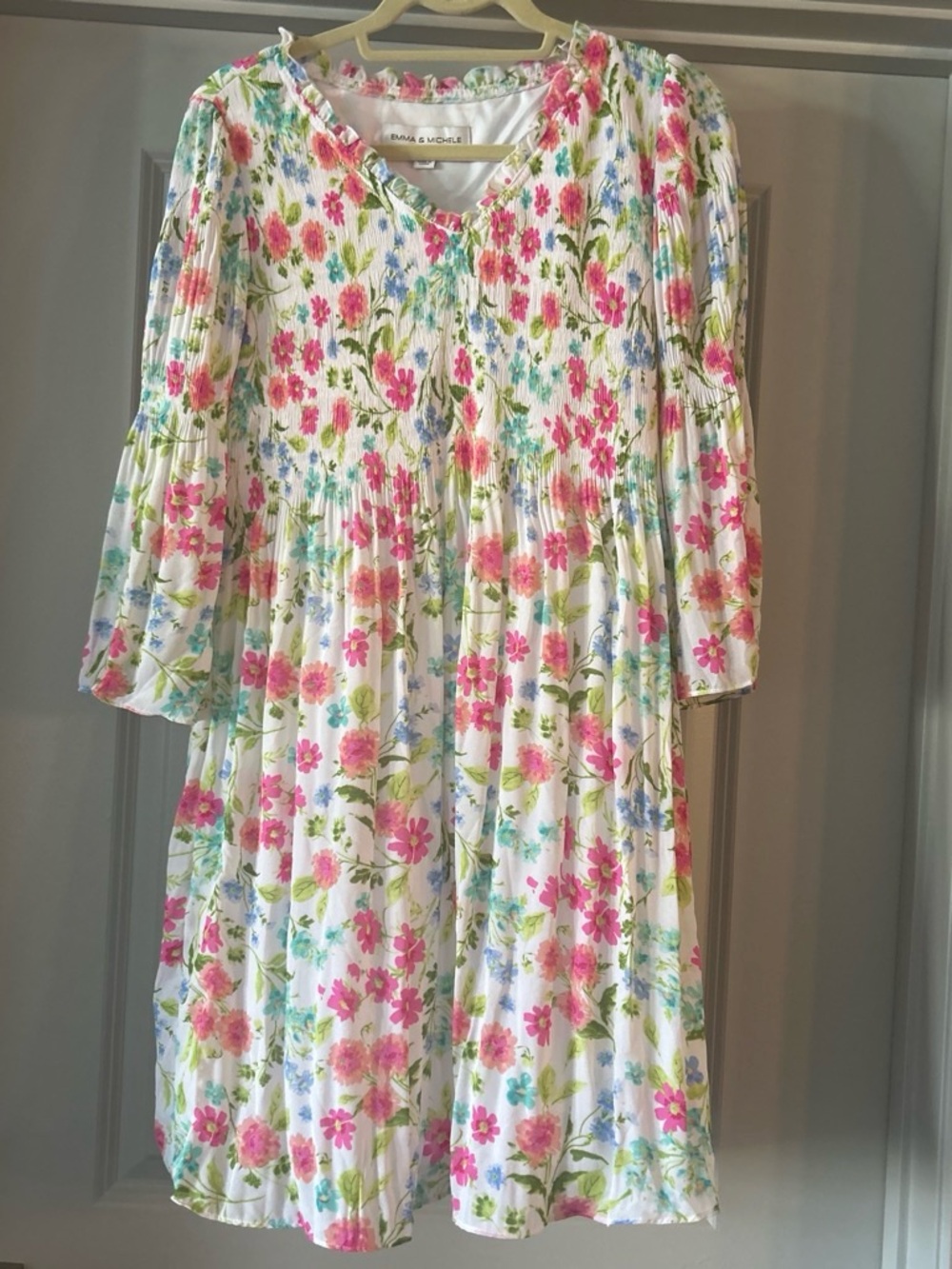Emma & Michele White Floral Nightgown with Pink and Green Blooms